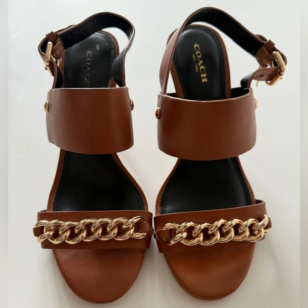 Coach Brown Sandals with Gold Chain Accent - Picture 1 of 11